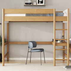 Twin Size Loft Bed with Desk, Boucle Upholstered Headboard and Footboard with Ladder, Safety Guardrails, Rubber Wooden Loft Bed,Natural
