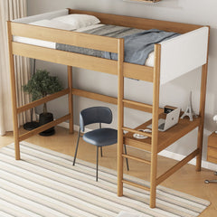 Twin Size Loft Bed with Desk, Boucle Upholstered Headboard and Footboard with Ladder, Safety Guardrails, Rubber Wooden Loft Bed,Natural