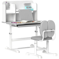 Qaba Kids Desk and Chair Set, Height Adjustable Kids School Study Desk and Chair Set with Tilt Desktop, Storage Drawer and Reading Rack for Writing, Reading and Drawing, Gray