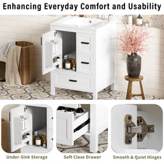 Modern 24-inch Bathroom Vanity with Ceramic Sink, Soft-Close Door, Double-Layer Door Shelf, and 3 Drawers