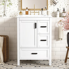 Modern 24-inch Bathroom Vanity with Ceramic Sink, Soft-Close Door, Double-Layer Door Shelf, and 3 Drawers
