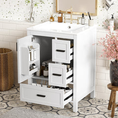 Modern 24-inch Bathroom Vanity with Ceramic Sink, Soft-Close Door, Double-Layer Door Shelf, and 3 Drawers