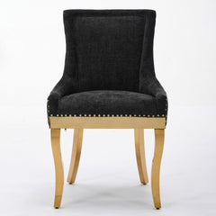 Chenille Dining Chairs, Modern Style with Curved Gold - Plated Legs & Rivet Trim, Upholstered Comfort for Dining/Lounge, Accent Seating with Textured Fabric & One - Piece Structure, Black,Set of 2