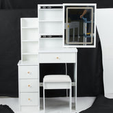 29.2 inch Small Size Left Bedside Cabinet Vanity Table + Cushioned Stool, Large Sliding, Touch Control, Tri-color Switching, Brightness Adjust LED Mirror, High Capacity Storage, Suitable for Small Space