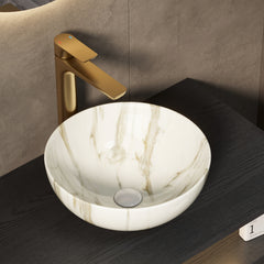 14'' Bathroom Sink, Bowl Vessel Ceramic Sink with Stone Pattern without Faucet, NO Cabinet, Matte White