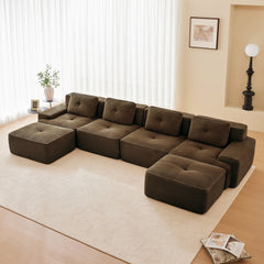 153" Modern U-Shaped Modular Sectional Sofa for Living Room, Corduroy Fabric,4-Seater Couch with Deep Seat and 2-Movable Ottoman,Pearl-like piping, Tufted Design, No Assembly, Anti-slip Design,Brown