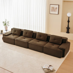 153" Modern Modular Sectional Sofa for Living Room, Corduroy Fabric,4-Seater Couch with Deep Seat, Pearl-like piping, Tufted Design, Buckle connection, No Assembly, Anti-slip Design, Brown