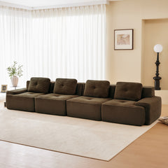 153" Modern Modular Sectional Sofa for Living Room, Corduroy Fabric,4-Seater Couch with Deep Seat, Pearl-like piping, Tufted Design, Buckle connection, No Assembly, Anti-slip Design, Brown