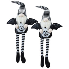Set of 2, 4.3x3.5x23.5" Fabric Sitting Black Gnome With Wings & Black-White Plaid Hat, for Halloween Decor