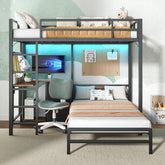 Bunk Bed with Folding Table, 3 storage drawers, made of metal, suitable for a single bed, equipped with LED lights and charging stations, bunk bed with safety railings and ladder, space-saving, black.