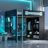 Full Size Wood Loft Bed with Desk, Open Wardrobe and RGB Light, Blue