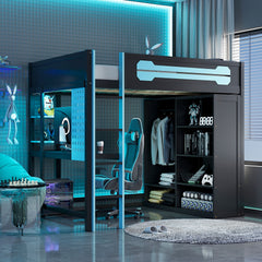 Full Size Wood Loft Bed with Desk, Open Wardrobe and RGB Light, Blue