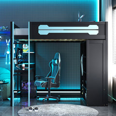 Full Size Wood Loft Bed with Desk, Open Wardrobe and RGB Light, Blue