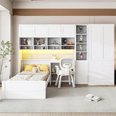 Wooden Twin Size Platform Bed with Desk, Wardrobe, Cabinets, Drawers, and Shelves, White