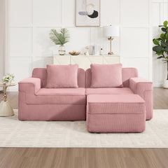 Modular 2 Seat L Shape Sectional Boneless Sofa, Cloud Sectional Couch with Deep Seat, Modern Modular 2-Seat Sofa Couch with Throw Pillows and 1 Movable Ottoman, Corduroy Fabric Pink