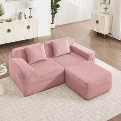 Modular 2 Seat L Shape Sectional Boneless Sofa, Cloud Sectional Couch with Deep Seat, Modern Modular 2-Seat Sofa Couch with Throw Pillows and 1 Movable Ottoman, Corduroy Fabric Pink