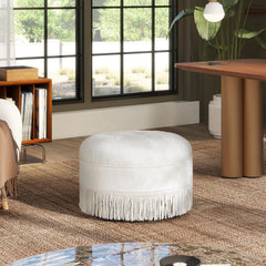 Yolanda 24" Round Upholstered Accent Ottoman, Almond White Chenille