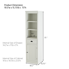 75'' Freestanding Display Bookshelf, Farmhouse Bookcase with Storage & Cabinet, Small Size Wooden Organizer Pantry, for Hallways Living Room, Kitchen, Home, Office - White