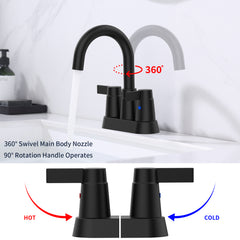 Bathroom Faucet Matte Black 2-Handle Bathroom Sink Faucet 360 Degree High Arc Swivel Spout Centerset 4 Inch Vanity Faucet Bathroom Faucet 3 Holes Lavatory Faucet