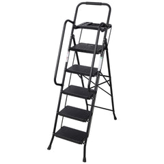 5 Step Ladder, Folding Step Stool with Wide Anti-Slip Pedal, Sturdy Steel Ladder 330 LBS Load Capacity, Convenient Handrail, Lightweight, Portable Steel Step Stool