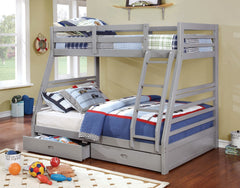 Modern Transitional Bunk Bed Twin Over Full With Two Large Drawers For storage Attached Ladder Made Of Solid Wood Gray