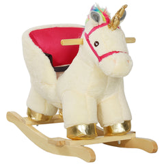 Qaba Kids Rocking Horse, Ride on Unicorn with Realistic Sounds, Safety Belt & Wooden Base, Plush Animal Rocker for Toddlers 18-36 Months, Cream White