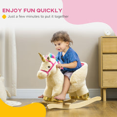 Qaba Kids Rocking Horse, Ride on Unicorn with Realistic Sounds, Safety Belt & Wooden Base, Plush Animal Rocker for Toddlers 18-36 Months, Cream White