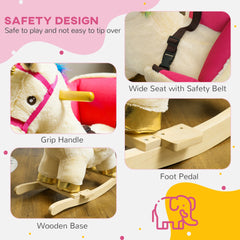 Qaba Kids Rocking Horse, Ride on Unicorn with Realistic Sounds, Safety Belt & Wooden Base, Plush Animal Rocker for Toddlers 18-36 Months, Cream White
