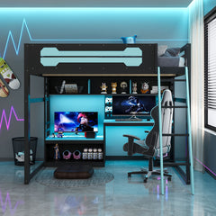 Full Size Wood Loft Bed with Desk, Shelves, LED Lights, USB Ports and Pegboard, Black+Blue