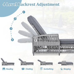 GO 2 Pieces Long Reclining Chaise, Outdoor Wicker Lounge with Armrests, Patio Adjustable Recliner with Soft Removable Cushions, All Weather Rattan Pool Lounge for Poolside & Garden, Gray