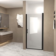32"x 72" Pivot Shower Door, Matte Black Aluminum Frame, Half Frame ,1/4"(6mm) Tempered Glass Explosion Proof Film