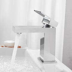 Modern Chrome Bathroom Faucet, Single Hole Bathroom Faucet, Solid Brass Chrome Polished Bathroom Sink Faucet, Single Handle Heavy Duty Square Basin Vanity Square Bathroom Faucet with Pop-up Drain