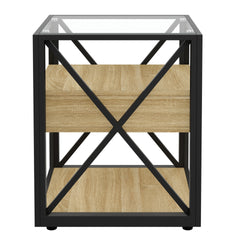 Set of 2 Modern End Table with Drawer - Nightstand for Bedroom & Living Room, Natural Wood MDF & Tempered Glass Top, Industrial Style Side Table