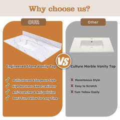 43 Inch Marble Vanity Top, White Vanity Top with 1 Pre-drilled Faucet Holes, Bathroom Vanity Top with Undermount Rectangular Middle Sink and 4" Height Backsplash, Bianco Carrara Venato