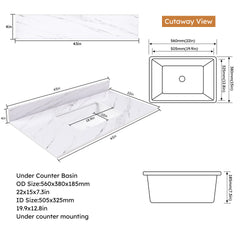 43 Inch Marble Vanity Top, White Vanity Top with 1 Pre-drilled Faucet Holes, Bathroom Vanity Top with Undermount Rectangular Middle Sink and 4" Height Backsplash, Bianco Carrara Venato