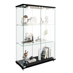 Modern Glass Display Cabinet with LED lights, Quick-assembly Antique Cabinet, Tempered Glass Bookshelf, Suitable for Living Room and Bedrooms, 2-door 3-shelf, Transparent+Black