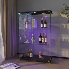Modern Glass Display Cabinet with LED lights, Quick-assembly Antique Cabinet, Tempered Glass Bookshelf, Suitable for Living Room and Bedrooms, 2-door 3-shelf, Transparent+Black