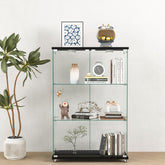 Modern Glass Display Cabinet with LED lights, Quick-assembly Antique Cabinet, Tempered Glass Bookshelf, Suitable for Living Room and Bedrooms, 2-door 3-shelf, Transparent+Black