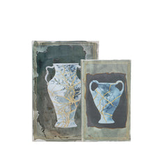 Set of 2 Decorative Book Boxes with Blue and Gold Vase Motifs, L:7x3x10.5" S:5x2x8.3"