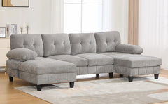 U-shaped Sectional Sofa 103.5" Chenille Fabric Couch with Dual Chaise Lounges, Storage Pockets and Armrest Pillows for Living Room, Grey