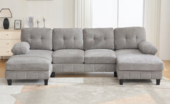 U-shaped Sectional Sofa 103.5" Chenille Fabric Couch with Dual Chaise Lounges, Storage Pockets and Armrest Pillows for Living Room, Grey