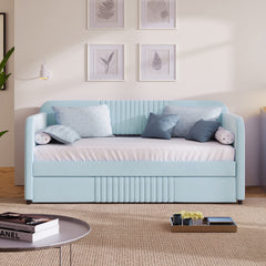 Upholstered Daybed Sofa Bed Twin Size With Trundle Bed and Wood Slat, Light Blue
