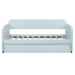 Upholstered Daybed Sofa Bed Twin Size With Trundle Bed and Wood Slat, Light Blue