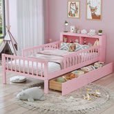 Twin Size Bed with Headboard Storage Rack, Two Under-Bed Drawers, Three-Side Guardrails for Safety and Security,Pink