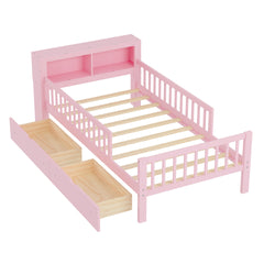 Twin Size Bed with Headboard Storage Rack, Two Under-Bed Drawers, Three-Side Guardrails for Safety and Security,Pink
