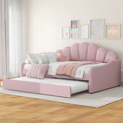 Full Size Upholstery Daybed Frame with Shall Shaped Backrest and Trundle,Pink