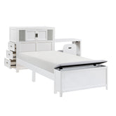White Finish Twin Platform Bed with Bookcase Headboard Drawers Hidden Desk Stool Footboard Storage Bench Bedroom Furniture 1pc