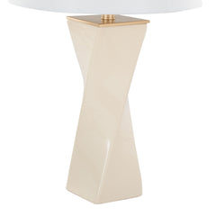 Curvo Square Contemporary 27" Ceramic Table Lamp in Cream Ceramic, Gold Metal, and White Linen by LumiSource