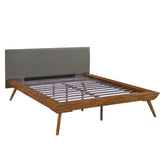 1pc Queen Platform Bed Upholstered Headboard Dark Gray Chestnut Finish Wooden Furniture
