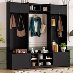 VIBE HAUS 79.1''Wide Modern Hall Tree with Shoe Storage, 4-in-1 Entryway Bench with 8 Cubbies, 7 Coat Hooks & Adjustable Shelf for Hallway, living room, Black